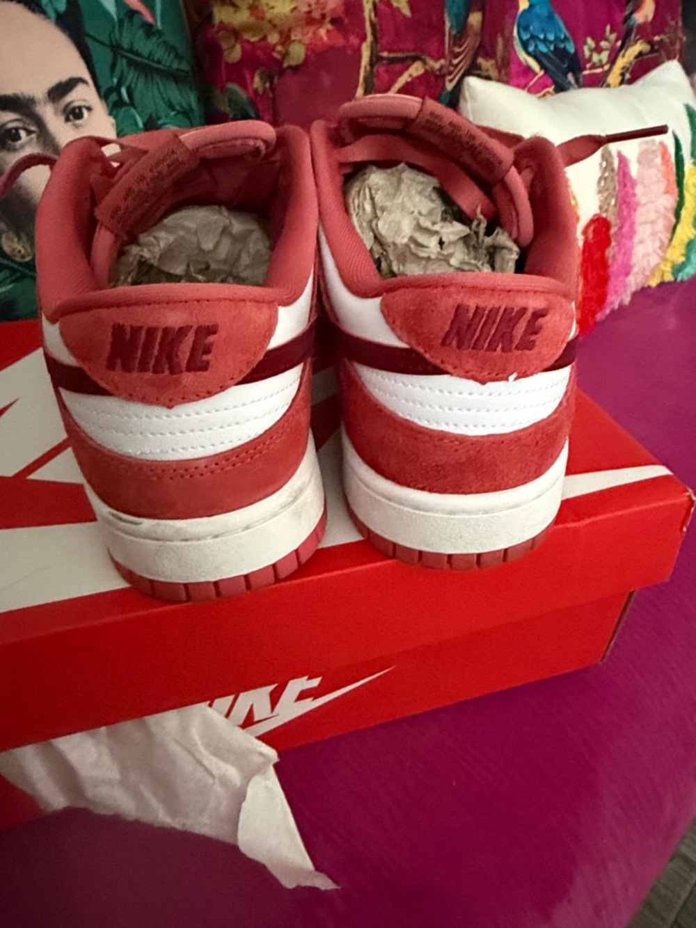 Nike Dunk Low Red and White Suede Sneakers with Burgundy Swoosh - Picture 7 of 10